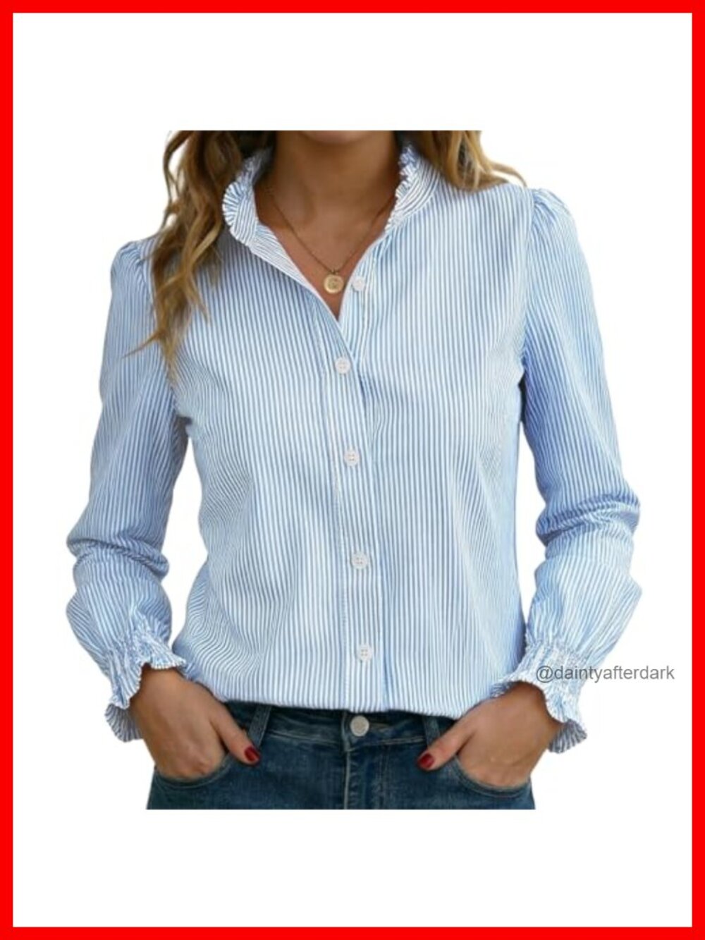 Women's Striped Button Down Shirt Long Sleeve Smocked Ruffle Blouse